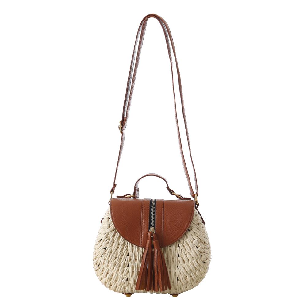 Quaste Handgemachte Stroh Woven Tasche Messenger Kausalen Runde Tasche Quaste Strand Schulter Tragetaschen Für Frauen Mädchen Handtasche: Beige