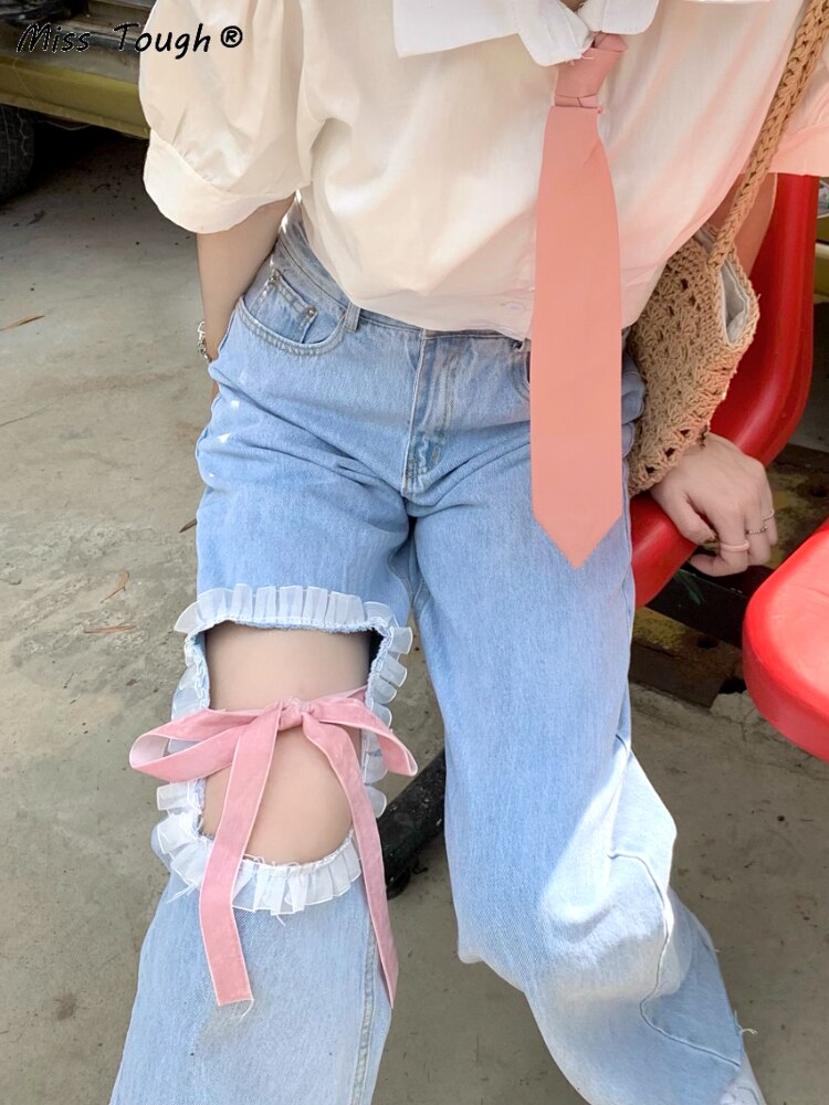 Blue Korean Style Kawaii Sweet Jeans Women Japanese High Waist Casual Cute Jeans Female Bow Bandage Wide-legged Pants Summer