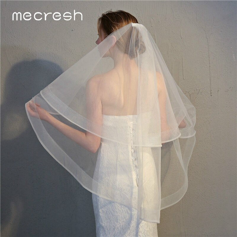 Mecresh Band-Rand Braut Hochzeit Schleier 2 Schichten Weiß Elfenbein Ellenbogen Länge Tüll Mariage Schleier Mit Kamm Frauen Zubehör TS001