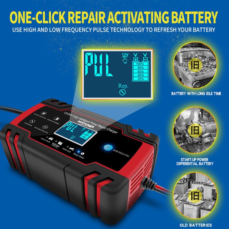 Digital LCD Display Charger Touch Screen LCD Car Battery Charger Pulse Repair 12/24V LCD Fast Power Charging Wet Dry Lead Acid