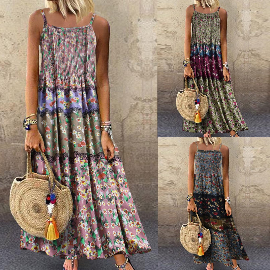 Vestido feminino moda feminina vintage boêmio impressão floral sem mangas o-pescoço correias maxi praia vestidos lagre tamanho solto vestido 39