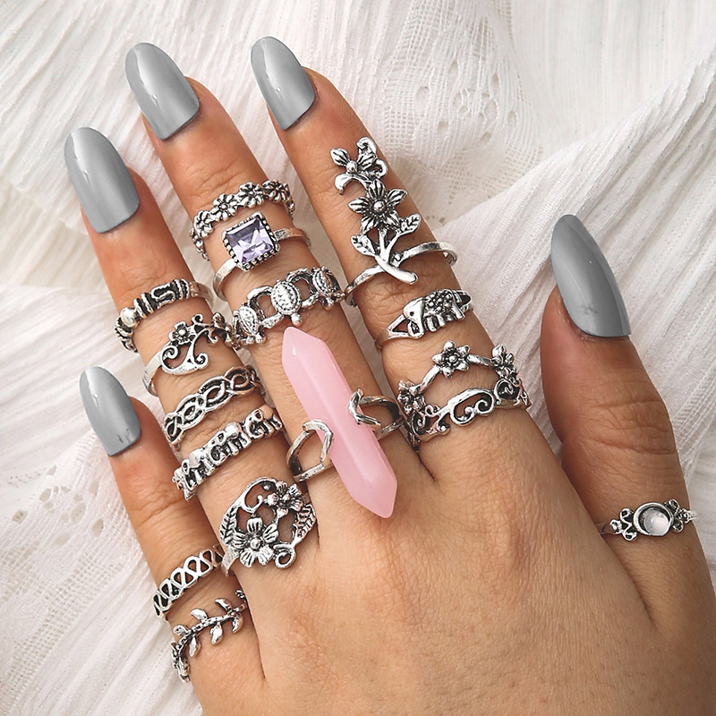 HI MAN 14 Pcs/Set Neo-Gothic Mixed Yin Yang Figure Feather Elephant Star Moon Sun Ring Women Personality Vintage Jewelry