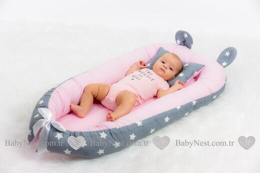 Babynest newborn baby nest bed portable crib travel bed baby nest baby lounge crib bumper pillow cushion: BabyNest Büyük Gri Yıldız ve Açık Pembiş