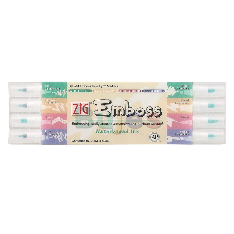 Kuretake Zig Emboss Twin Tip ,Embossing easily creates dimension and surface texture,Waterbased Ink,Available in 4 sizes: 4 pcs