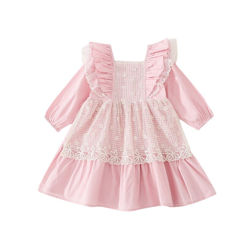 1195D 2022 Spring Korean Girls Dresses Long Sleeve Lace Vest and Flare Sleeve Dresses Princess Birthday Party Girls Clothes