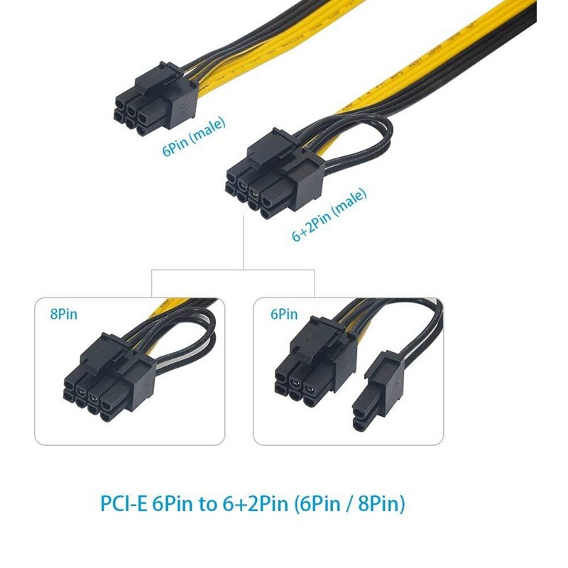 6 Pcs 16AWG 6 Pin PCI-E to 8 Pin (6+2) PCI-E (Male to Male) GPU Power Cable for HP Server for Graphic Cards Mining(50cm)