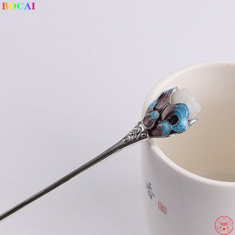 Bocai  s925 haaraccessoires aus sterlingsilber, cloisonné lutos totem jade kopfschmuck, reines silber haarnadel-charm-schmuckstück für damen