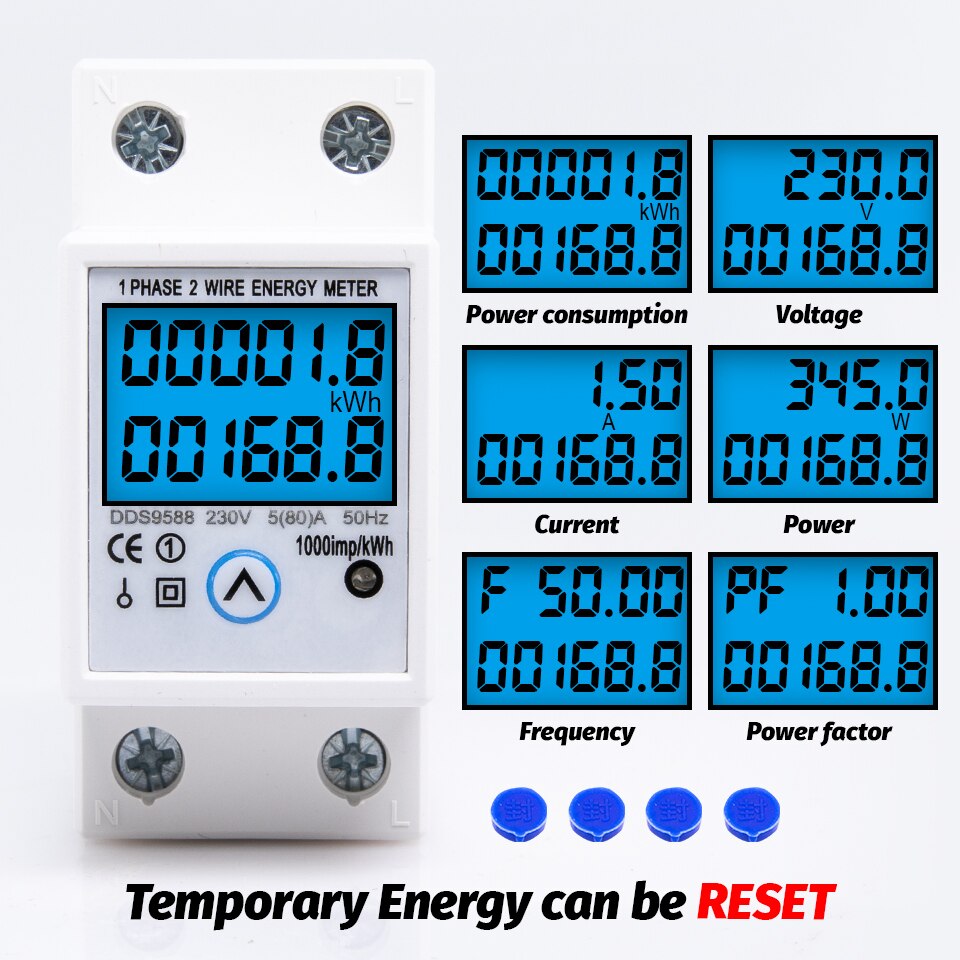 Din Rail Eenfase Digitale Reset Nul Energie Meter Kwh Spanning Stroom Stroomverbruik Teller Wattmeter Elektriciteit 230V