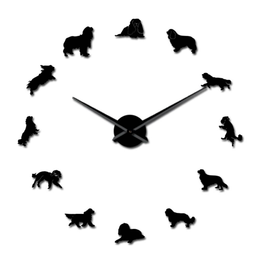Frameless Cavalier King Charles Spaniel 3D DIY Wall Clock Dog Pet Puppy Shop Wall Art Deco Stickers For Living Room: Black / 27inch