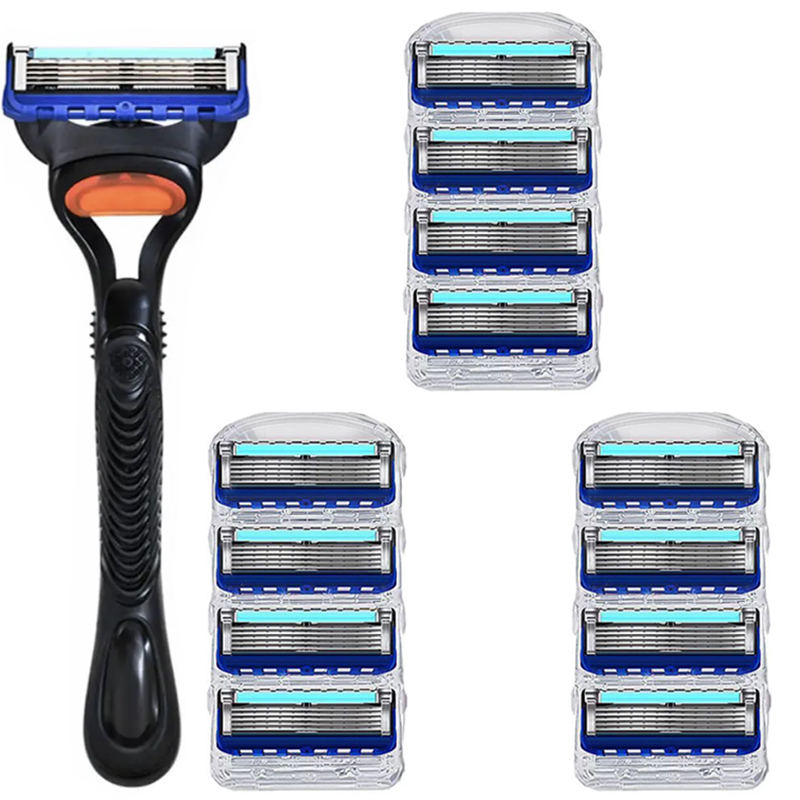 Maquinilla de afeitar Manual para hombres, hoja de cinco capas sin soporte para cuchillos, cuchillas de afeitar de acero inoxidable, sin daños en la piel, afeitadora de estilo antiguo: Plata
