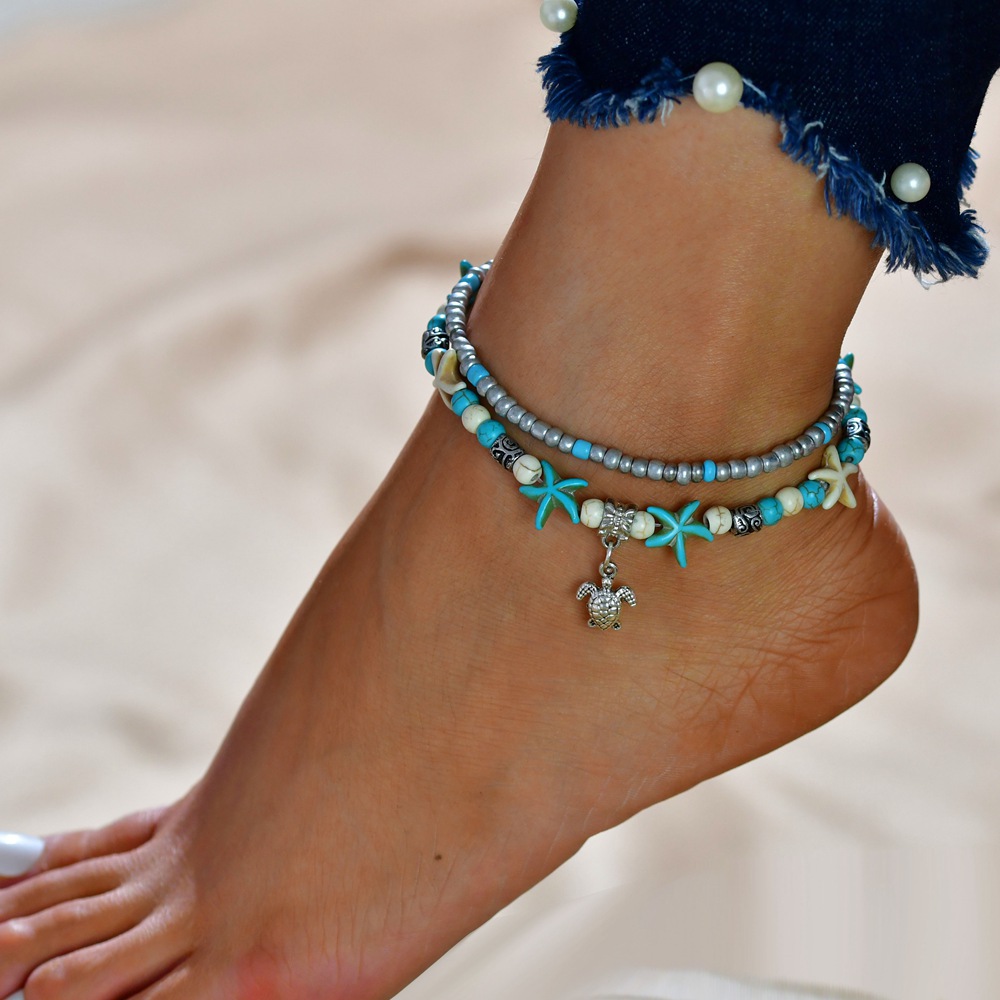 Tobilleras de playa Boho para mujer, pulsera de tobillo de elefante, cadena multicapa, joyería de pie, concha de tortuga, estrella de mar, árbol de la vida, Verano