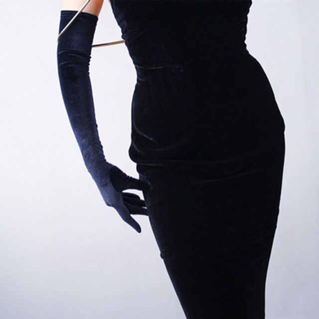 Eleganti guanti da sera in velluto dorato femminile guanti invernali sottili a dito pieno 43cm lunghi Sexy neri elastici caldi guanti da guida H47: 65cm Black