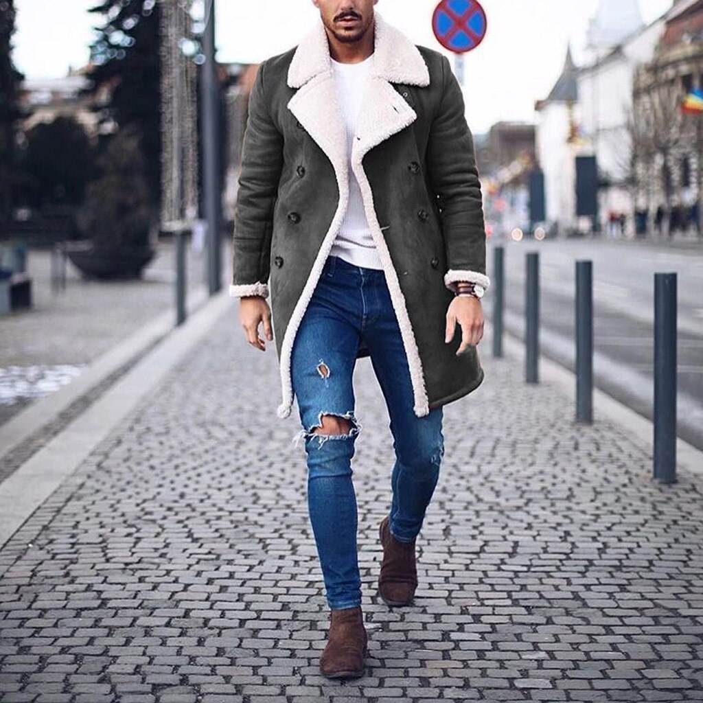 Herre vinter uld fleece lang overfrakke overtøj varm ruskind frakke mandlige mænd brun lang trench jakke m -3xl: Grå / Xxl