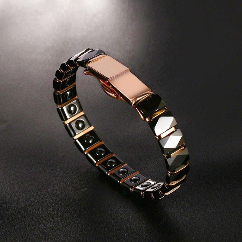 Men Stainless Steel 2-Tone Ceramic Therapy Bracelet for Male Female Unisex Trendy Jewelry Black Rose Gold-color 19cm