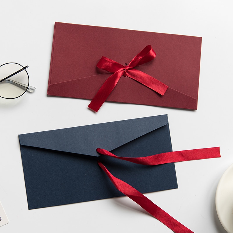 Lot de 5 pièces, belle enveloppe en papier Kraft avec ruban, lot d'invitation w41, noir, rouge, bleu, 250g