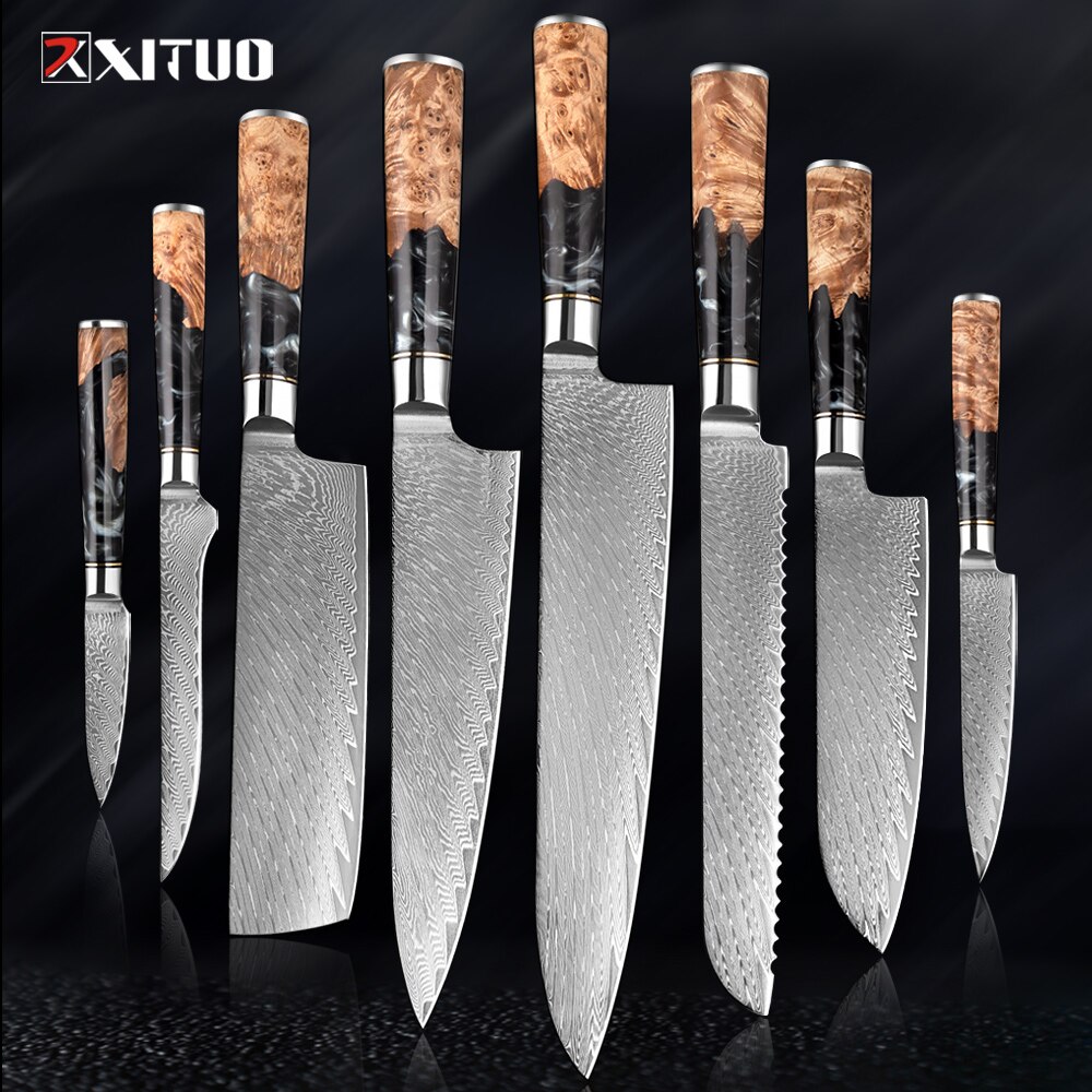 XITUO – ensemble de couteaux de cuisine en acier damas, couteau de chef japonais, couperet à pain utilitaire en résine et manche en bois stabilisé