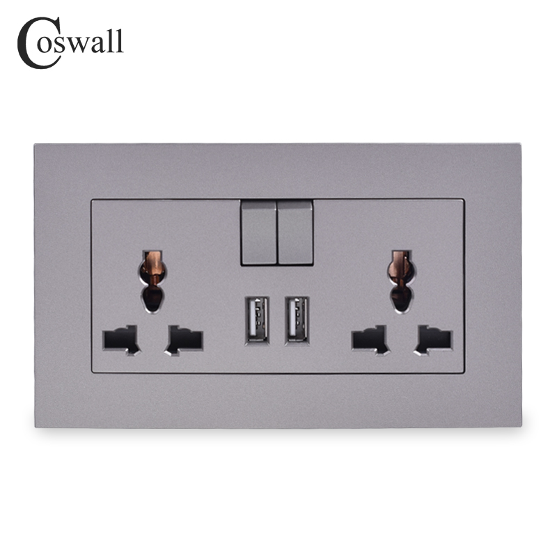 Coswall 13A Universele Stekkerdoos 2 Usb Charge Port Voor Mobiele Output 2.1A Stopcontact Grey Kleur Pc Panel