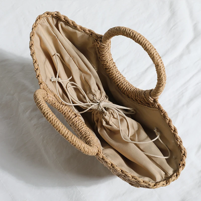Sac d'été en paille demi-lune pour femmes, sac à main Portable fait à la main, sac de plage de grande capacité, panier tissé à poignée supérieure, fourre-tout
