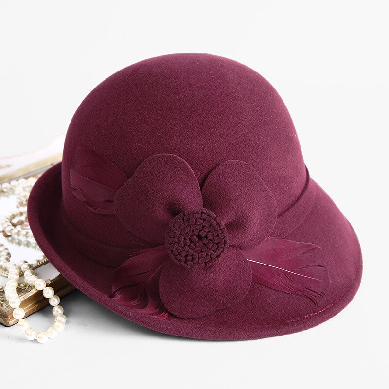 Beckyruiwu up-turn brim flower 100%  uldfilt hatte dame banket formel uld fedora hat: Rødvin