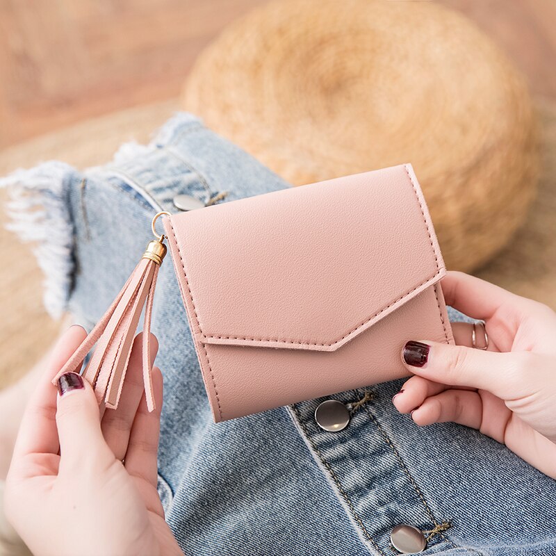 Trend Women Short Small Coin Purse Wallet Ladies PU Leather Folding Card Card Holder Tassel Decor Casual Bags