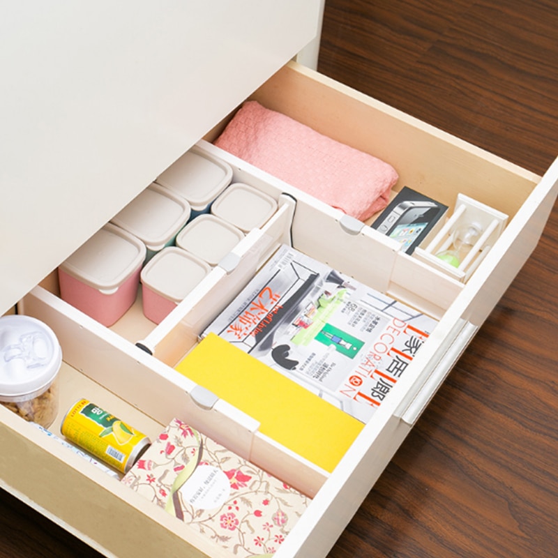 Separadores de cajones de dos tamaños de primavera en blanco, organizador de dormitorio de cocina extensible cargado
