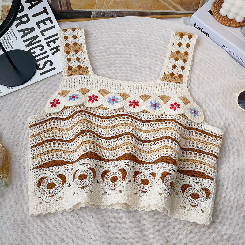 Hæklet tanktop med broderi, åben strik, firkantet, ærmeløs crop top til kvinder, sommer, fairycore, cottagecore, bedstemor vintage outfit: Khaki