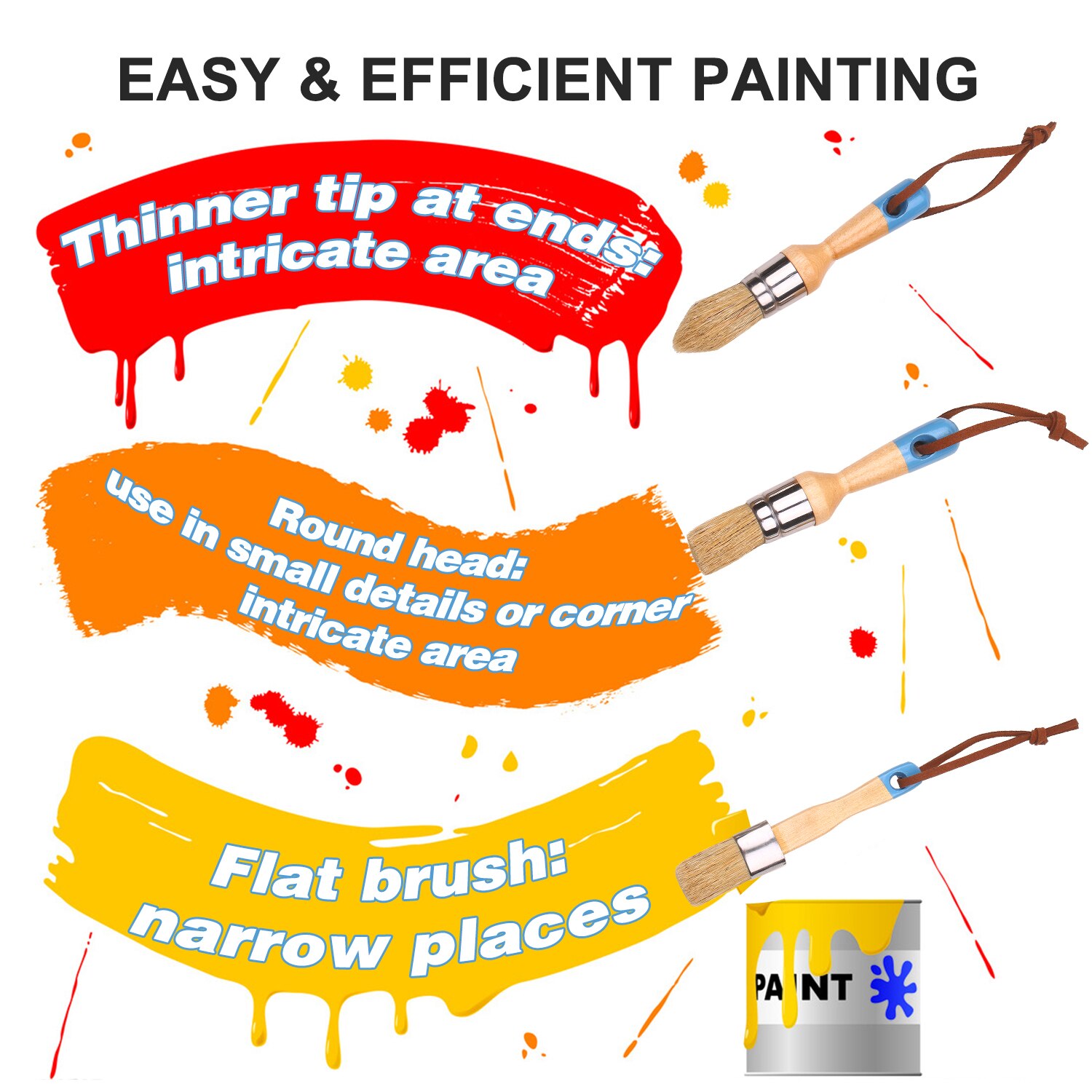 5pcs Paint Brushes Set Household Paint Brushes Includes Round/Pointed/Flat Brush with Ergonomic Handle Painting and Waxing Tool