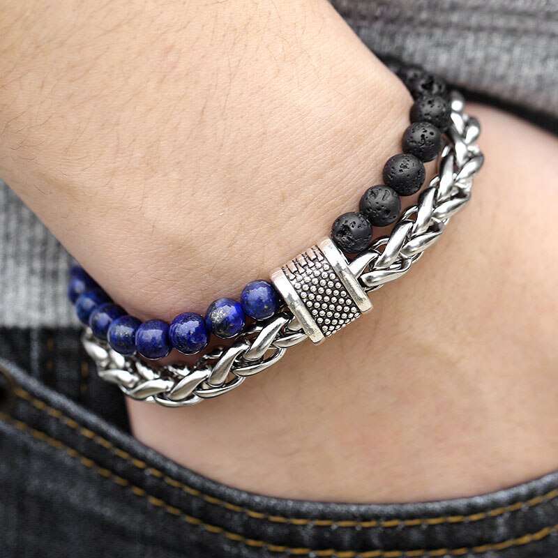 Pulsera con cuentas de piedra de ojo de tigre para hombre, cadena de eslabones de bronce de acero inoxidable, pulsera de Yoga, joyería masculina, 14mm, KDBM24: DB184 Lapis Lazuli / 9inch