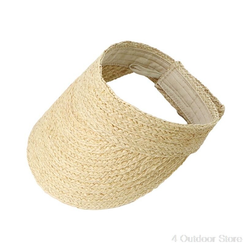 Dames Zomer Handgemaakte Geweven Raffia Stro Zonneklep Hoed Lege Top Brede Rand Uv Bescherming Verstelbare Cap O01 20