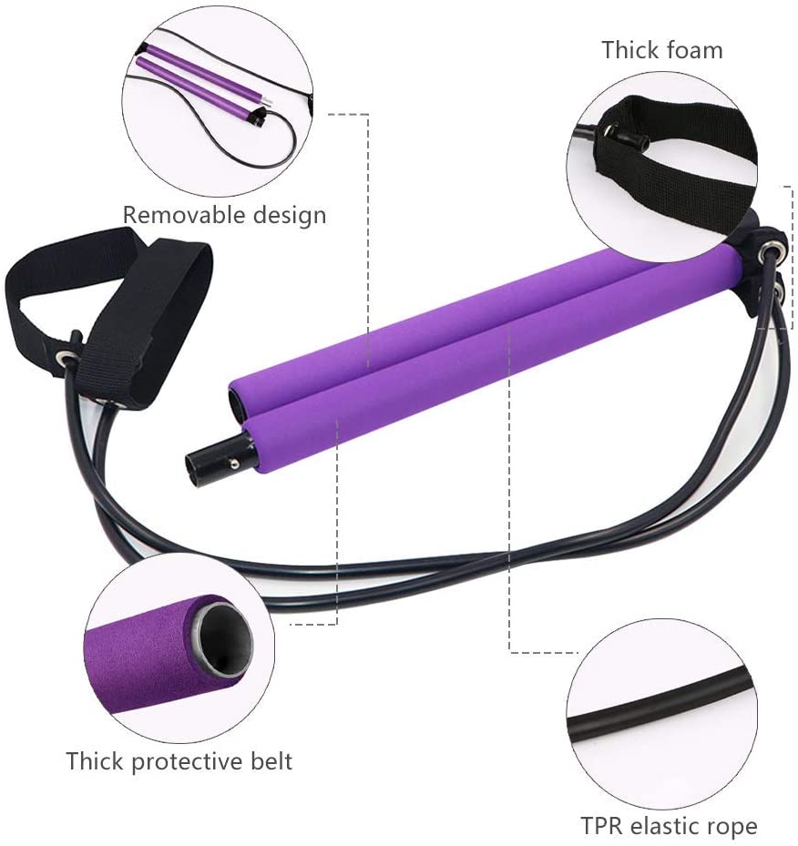 Pilates Bar Kit with Resistance Band Yoga Exercise Pilates Bar with Foot Loop Yoga Pilates Stick: purple