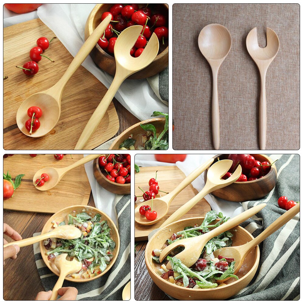 1 Set 2pcs Salad Spoon Round Wood Spoon and Fork Salad Servers Wood Color