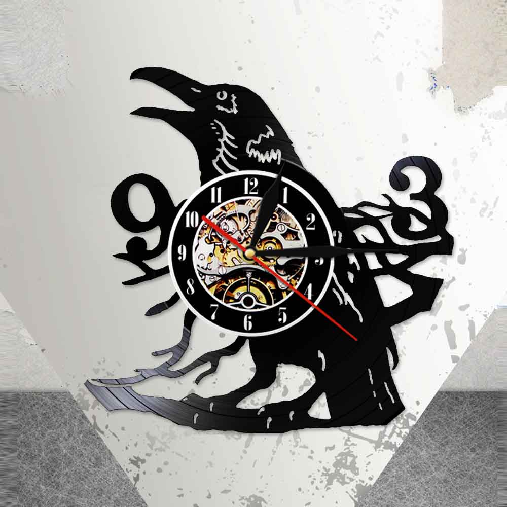 Sooty Raven Wall Clock Howling Art Decorative Modern 3D Quartz Watch Vinyl Music Record Timepiece LED Lighting Night Lamp