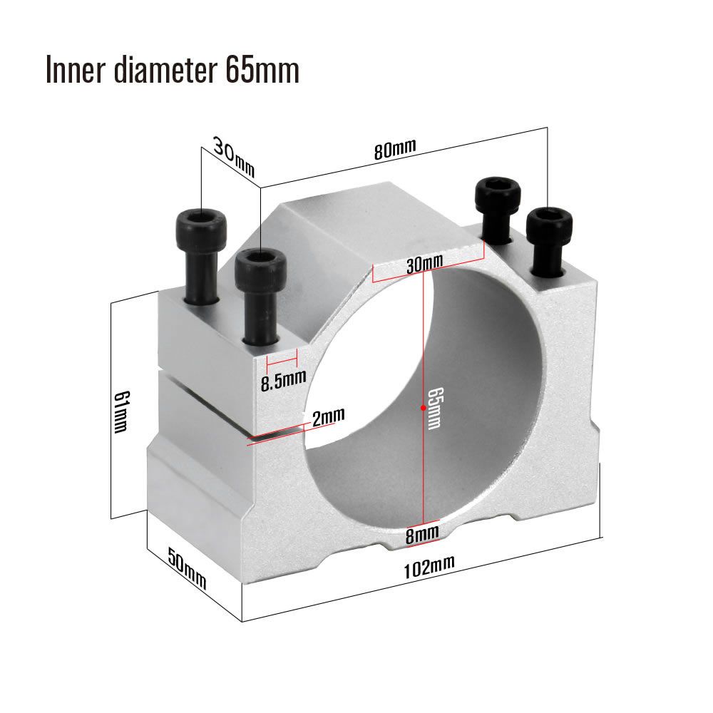 Aluminium cnc spindel klemmeholder indvendig diameter 52mm 65mm 80mm z-akse fræser monteringsbeslag 800w 1.5kw 2.2kw spindel fikstur: 65mm