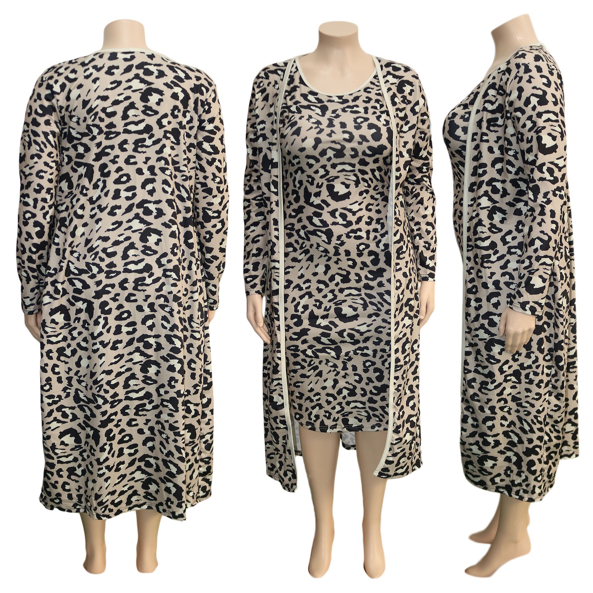 Cm.yaya plus size xl -4xl leopardprint dame- og #39 ;s sæt langærmede lange kappe toppe bodycon midikjole todelt matchende sæt outfits