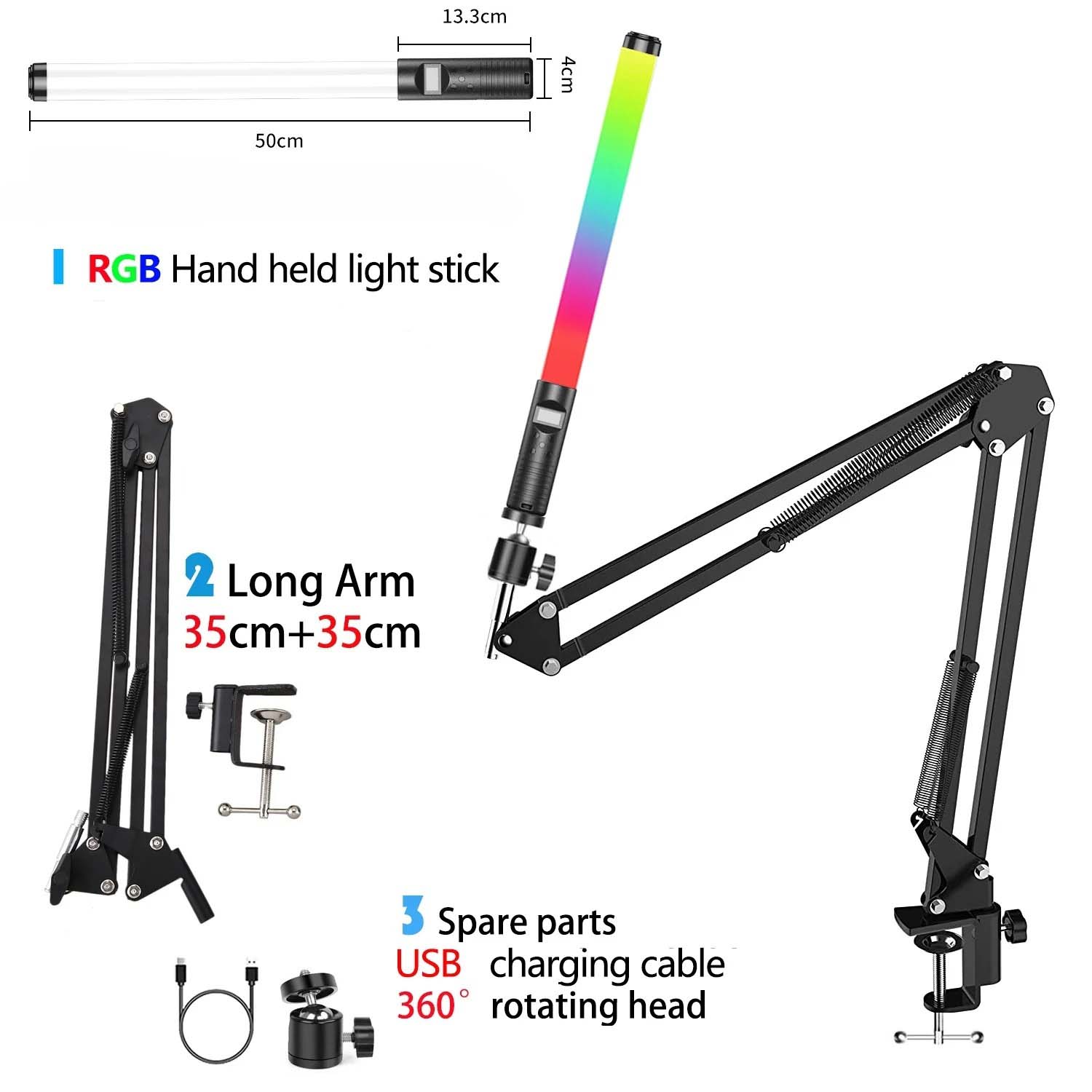Baguette lumineuse portative RGB LED 20 "50cm, Tube lumineux pour photographie, bâton lumineux avec gradation, batterie Rechargeable avec trépied: jaune clair