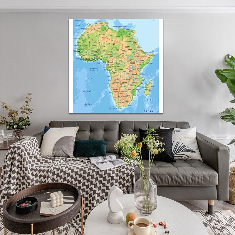 150*150cm African Topographic Map Non-woven Canvas Painting World Maps for Wall for School Supplies Home Decoration