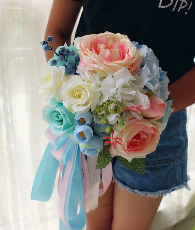 Handgemaakte Pioen Kunstmatige bruid Boeket Roze Pioen Blauwe Hortensia Blue Rose bloemen Bruidsmeisjes Boeket woondecoratie