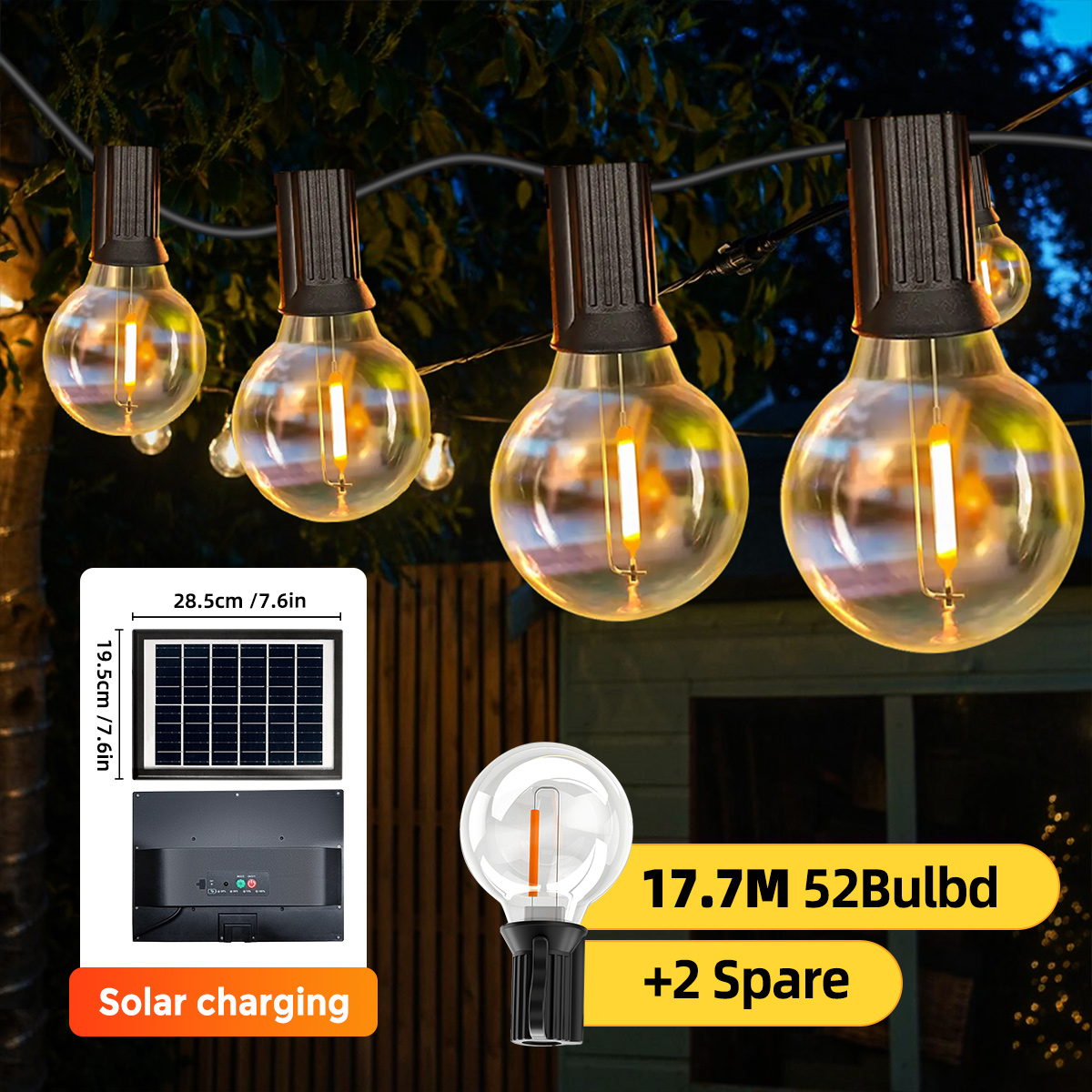 Guirnaldas de luces alimentadas por energía Solar para exteriores, luces de Patio G40 con bombillas LED inastillables, luces colgantes resistentes a la intemperie para bistró en el patio trasero