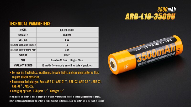 USB Rechargeable Fenix ARB-L18-3500U 18650 Li-ion Battery 3500mAh with Micro-USB Charging Port: Default Title