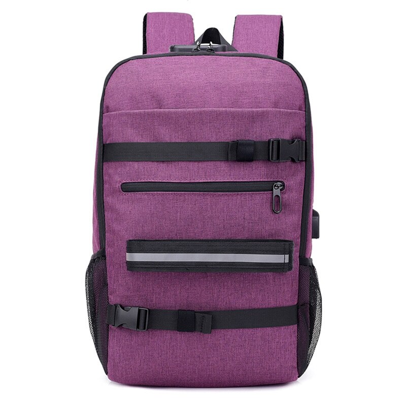Skateboard Backpack Anti-Theft Password Lock USB Charging Shoulder Bag for Travel Leisure Computer Longboard Bag: Purple