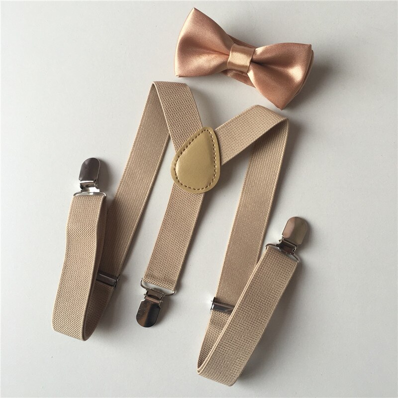 Soild farve børn bælte bowtie sæt baby drenge piger seler clip-on y-back seler butterfly elastisk børn justerbar: Khaki