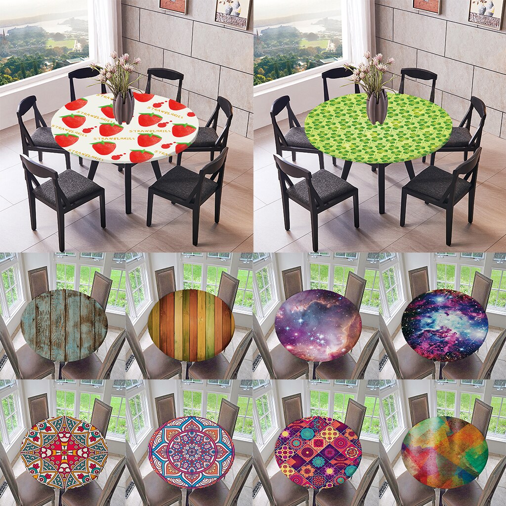 Elastic Edged Waterproof Backed Fitted Table Cover Tablecloths Kitchen Decor, Fits 47 inch Round Tables
