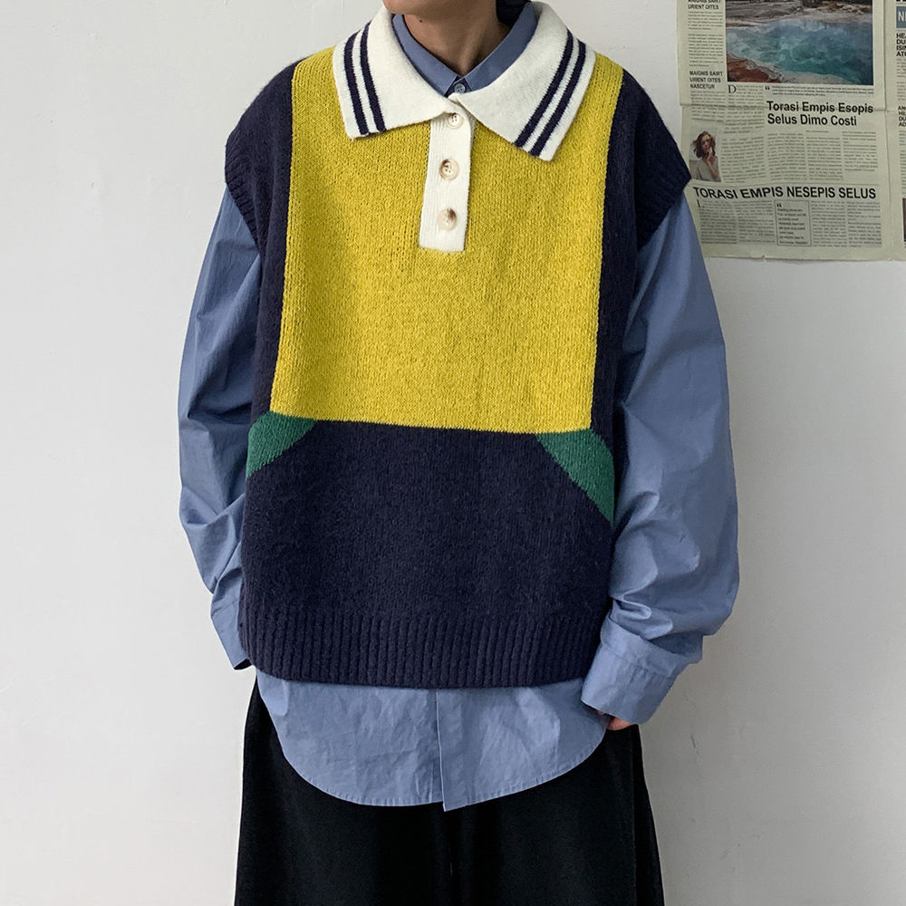 Efterår koreansk sweater vest herre hit farve casual strikket pullover herre streetwear løs herre vest strikke sweatere: Gul / M