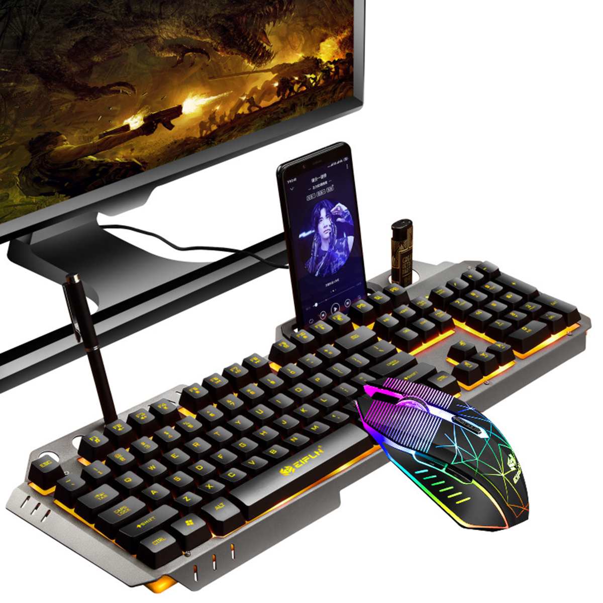 Gaming Keyboard Mouse Set Mechanical Feel With RGB LED Backlight Phone Holder Gamer USB Wired Ergonomic Keyboard Combos