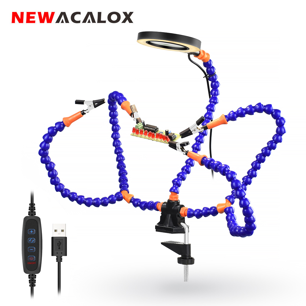 Newacalox pöytäpuristin juotos kolmas käsi 3x usb suurennuslasi led valo 5 kpl joustavat varret pcb pidike hitsaus korjaustyökalu