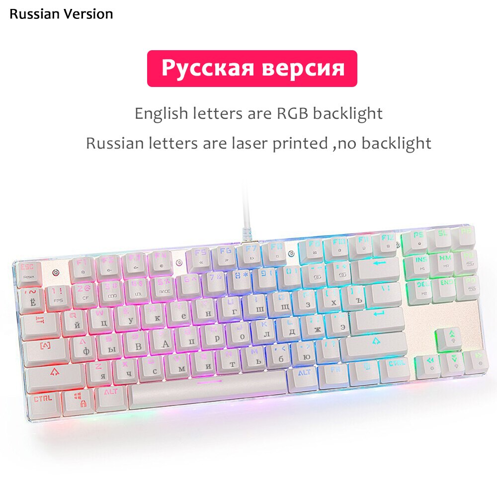Original Motospeed K87S Gaming keyboards RGB Backlight Blue Red switch Mechanical Keyboard 87 Key for Gamer Russian Hebrew: Russian / Red Switch