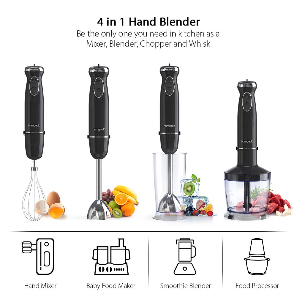 Homgeek Onderdompeling Blender Keuken 4-In-1 800W Draagbare Juicers Hand Stick Blender Mixer Groente Vleesmolen staafmixer