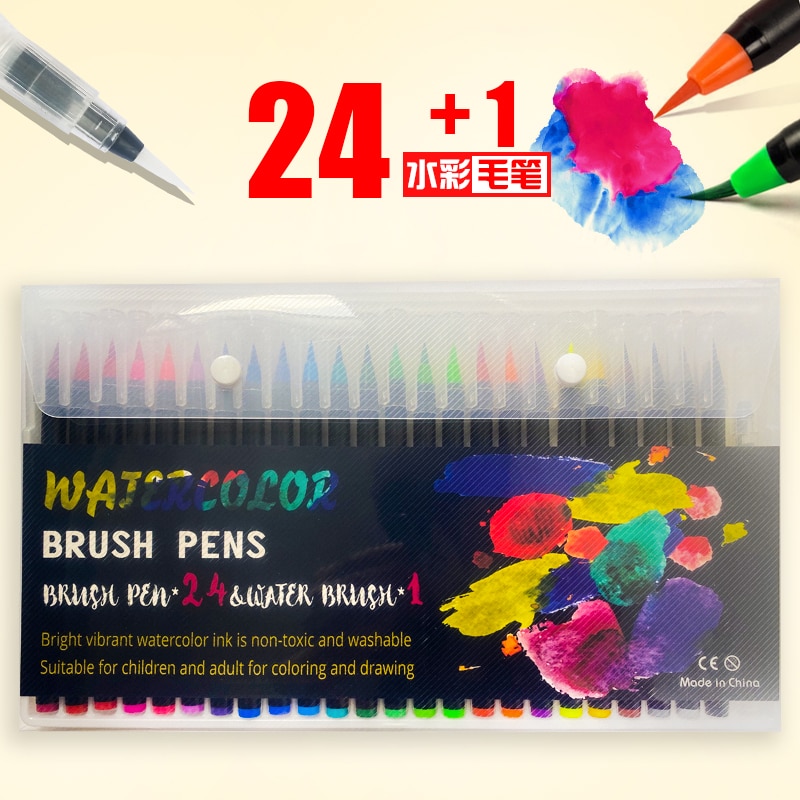 Watercolor Brush Pens Set of 24 - Vibrant Markers with Flexible Nylon Brush Tip for Coloring Books, Calligraphy