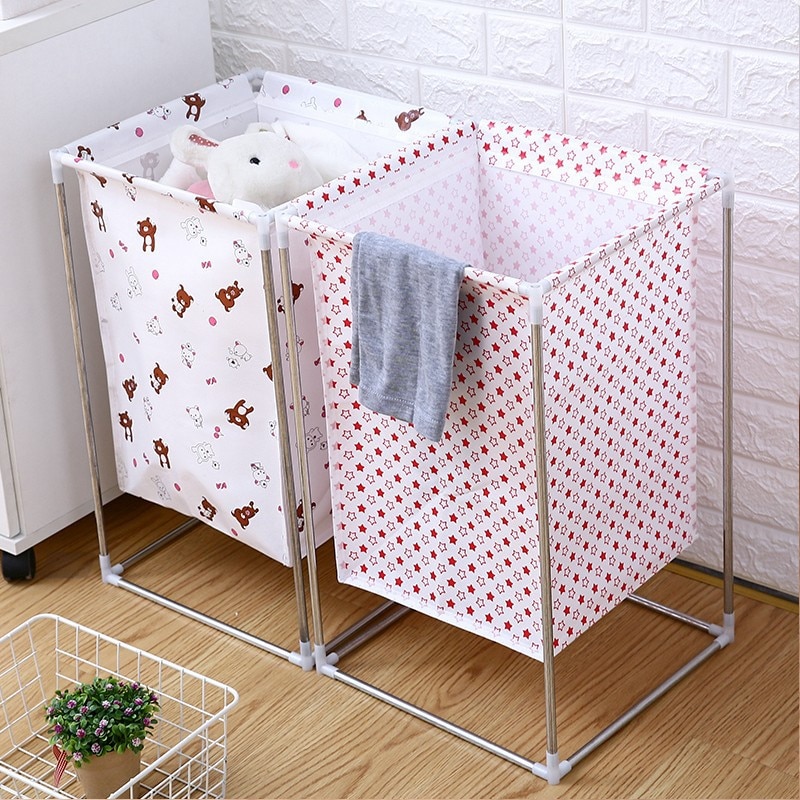 Non-woven Laundry Basket Wrought Iron Frame Assembled Waterproof Hamper Household Dirty Clothes Storage Bucket Multi-purpose Ham