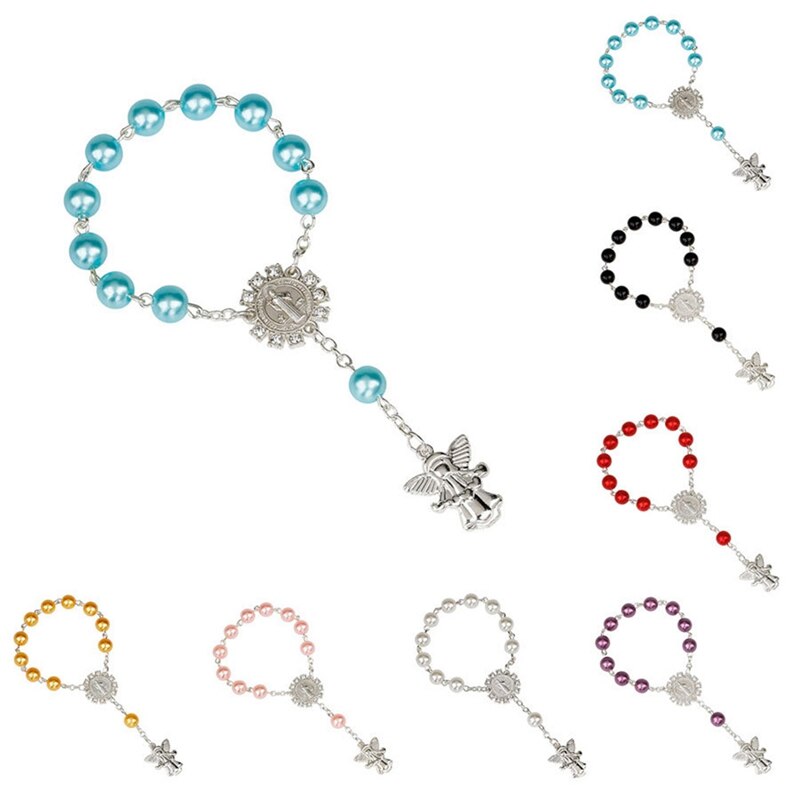 1 Uds imitación perlas católica Rosario Católico comunión alas de Ángel colgantes del Crucifijo pulsera lindo